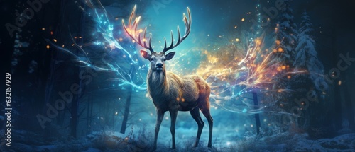 A festive deer sparkles with lights in a winter wonderland. Generative AI © ColdFire