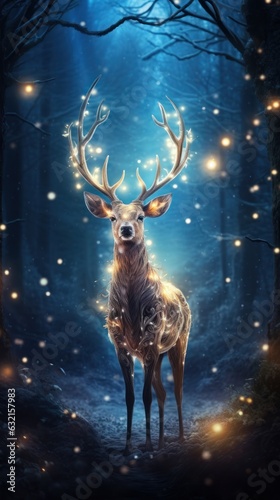 A festive deer sparkles with lights in a winter wonderland. Generative AI