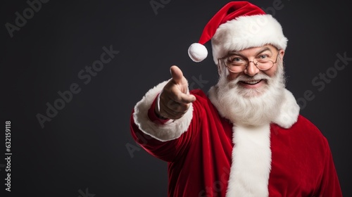 Santa Claus pointing at advertising banner with space for text. Generative AI