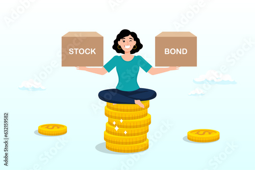 Smart woman keep calm sitting on stack of money coins balancing stock and bond boxes, diversify portfolio investment, rebalance between stocks and bonds, passive invest wealth accumulate (Vector)