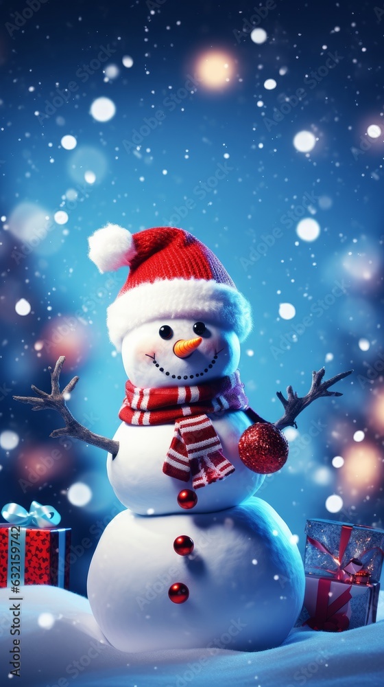 Christmas card with snowman and gifts. Generative AI