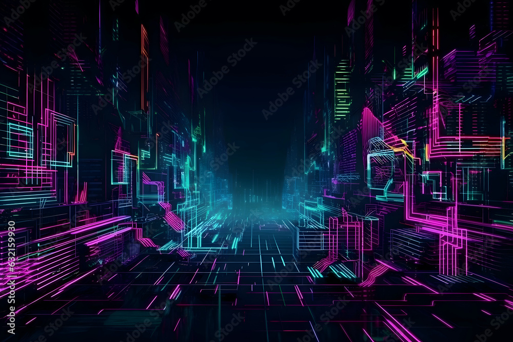 Futuristic cyberpunk space city with neon lights at night. Gaming, sci-fi metaverse