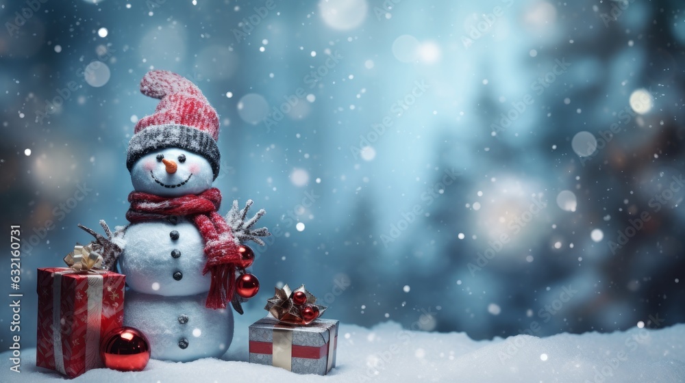 Christmas card with snowman and gifts. Generative AI