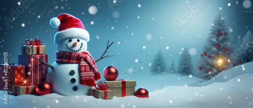 Christmas card with snowman and gifts. Generative AI © ColdFire
