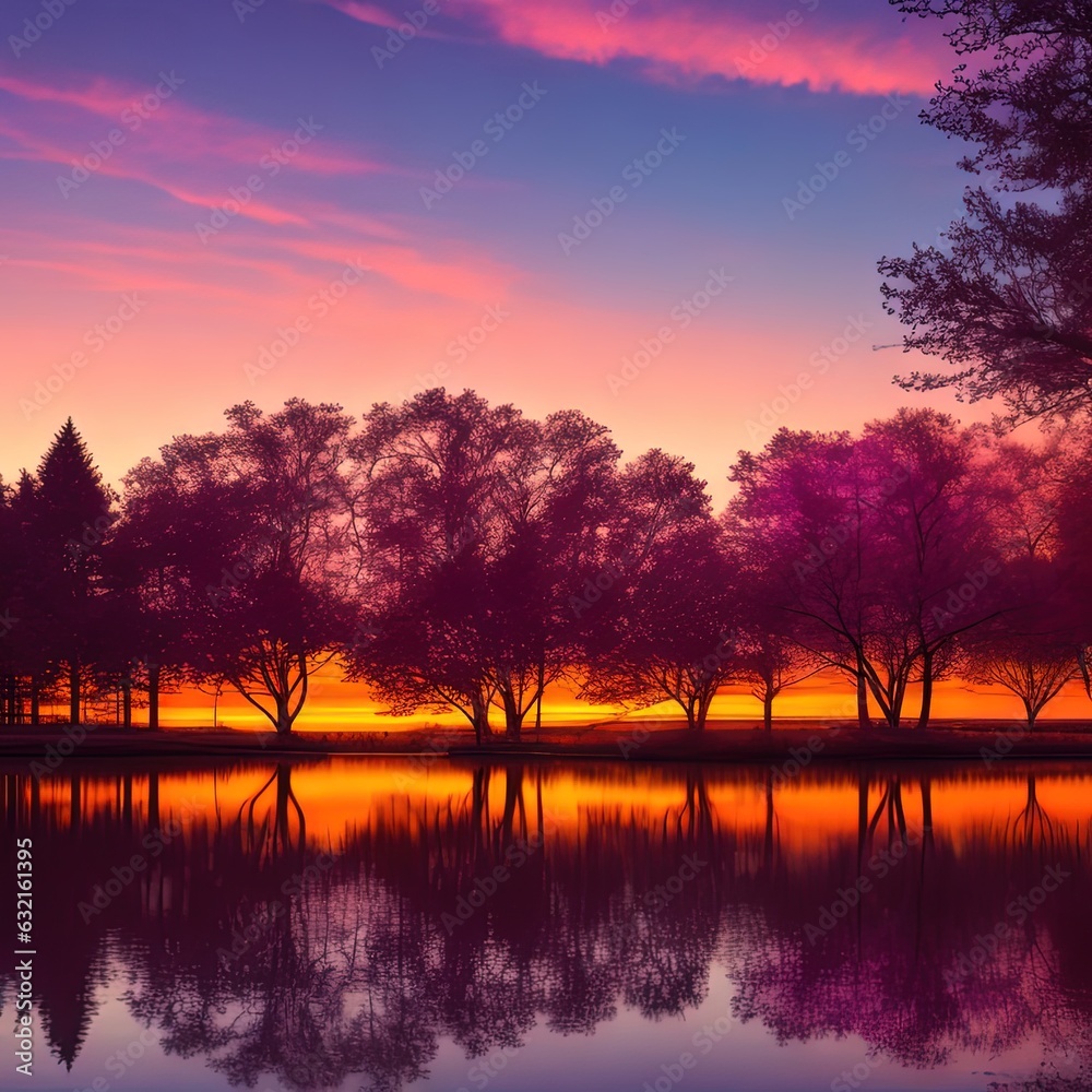 trees are reflected in the water at sunset with a pink sky
