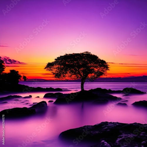 purple and orange sunset with a lone tree on a rocky beach