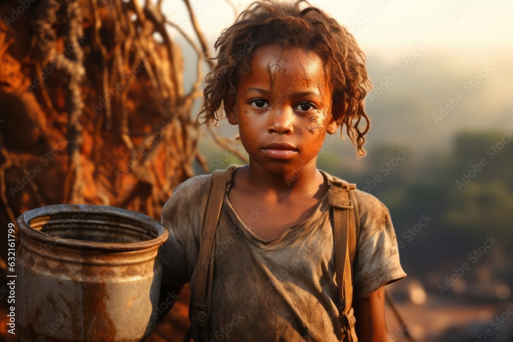 Depicting a african child carrying a bucket of clean water from a newly