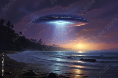 Ufo hovering over a beach. Beautiful illustration picture. Generative AI