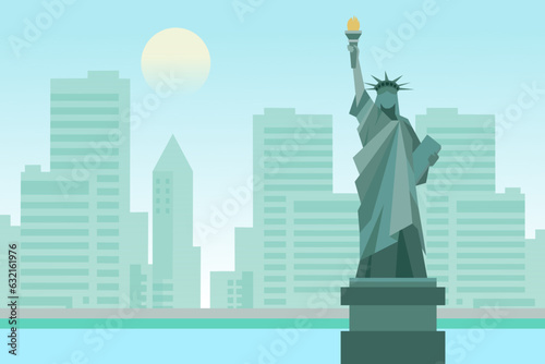 Illustration of New York City in the morning, vector landscape of buildings and the Statue of Liberty