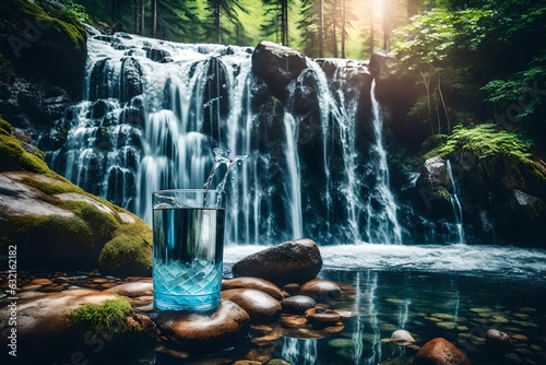 A glass of water at waterfall in the forest generated by AI tool