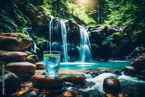 Fototapeta Naklejka Na Ścianę i Meble -  A clean water of glass near waterfall in mountains generated by AI tool