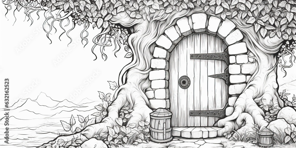 custom made wallpaper toronto digitalAI Generated. AI Generative. Kids coloring book page with fantasy house home building in tree. Graphic Art