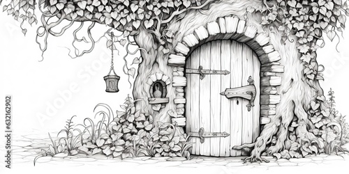 Wallpaper Mural AI Generated. AI Generative. Kids coloring book page with fantasy house home building in tree. Can be used for fun game play education adults or kids Torontodigital.ca