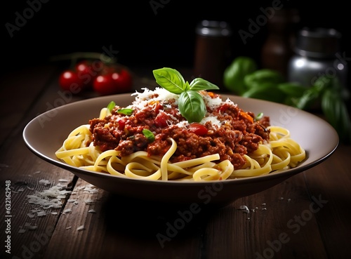 Spaghetti pasta with Bolognese sauce and parmesan cheese, top view, modern pastel background, rustic, AI Generated