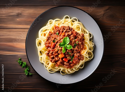 Spaghetti pasta with Bolognese sauce and parmesan cheese, top view, modern pastel background, rustic, AI Generated