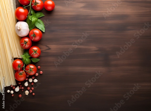 Fresh ingredients for Italian Mediterranean diet, cooking: pasta, basil, tomato and spices over wooden table background with copy space in the center, banner, modern, AI Generated