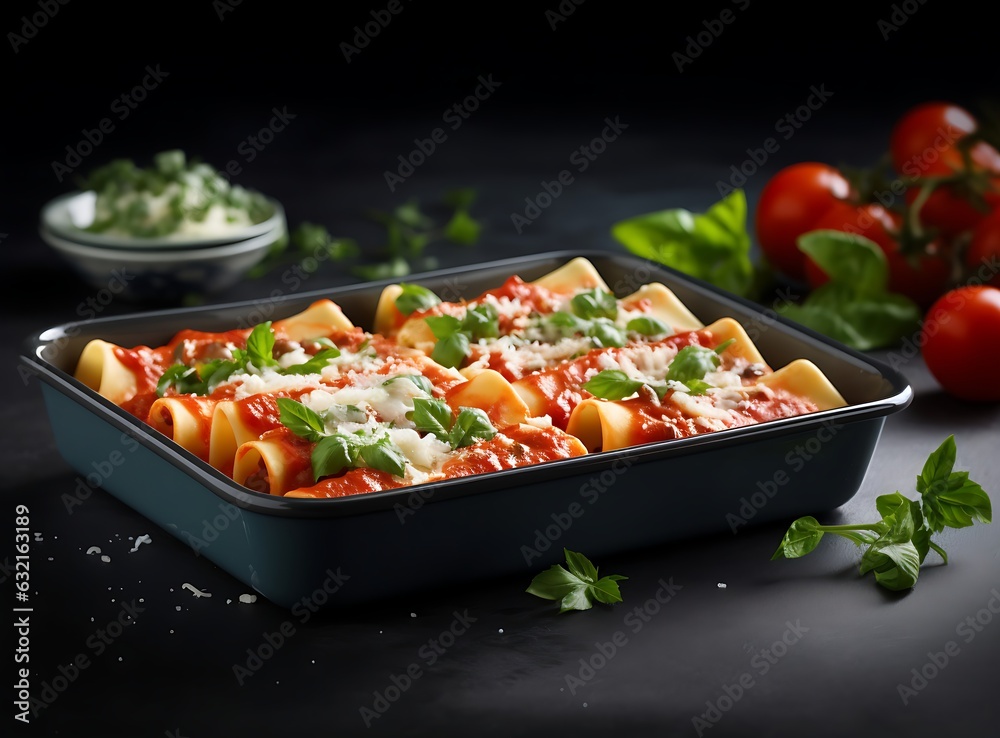 Stuffed pasta cannelloni with minced meat baked in tomato sauce in a skillet on a dark slate, stone or concrete background. Top view with copy space, AI Generated Stuffed pasta cannelloni with minced meat baked in tomato sauce in a skillet on a dark slate, stone or concrete background. Top view with copy space, AI Generated