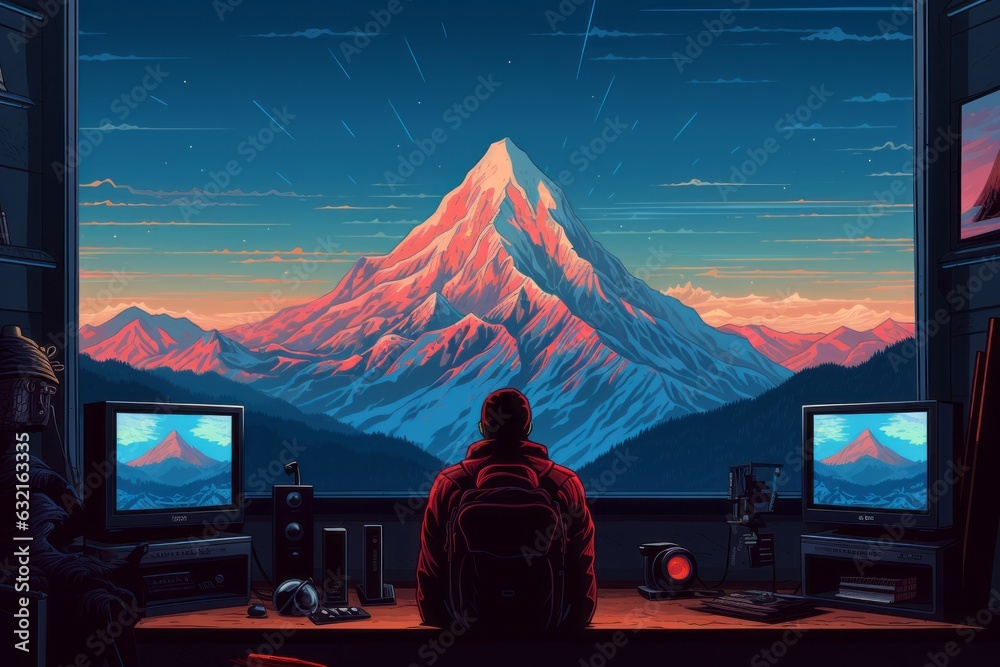 Mountains, man is by monitor. Beautiful illustration picture. Generative AI