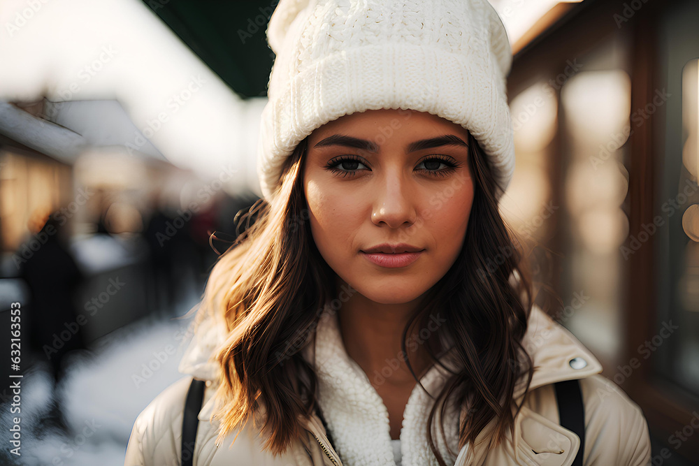 A young woman in a white knitted hat and a white jacket looks at the camera with a slight smile A young woman in a white knitted hat and a white jacket looks at the camera with a slight smile