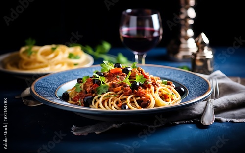 Spaghetti alla Puttanesca with tomatoes, capers, olives, and anchovies on a plate, glass of red wine, modern blue table background, top view, AI Generated