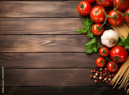 Fresh ingredients for cooking: pasta, basil, tomato and spices over wooden table background with copy space in the center, banner, modern, AI Generated