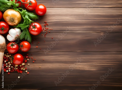 Fresh ingredients for cooking: pasta, basil, tomato and spices over wooden table background with copy space in the center, banner, modern, AI Generated