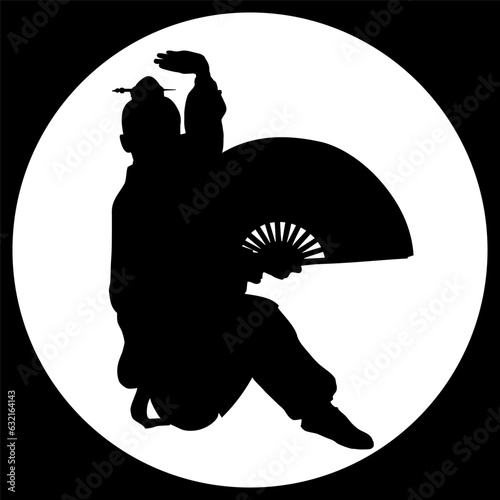 Silhouette of a girl with a fan in a kungfu pose.