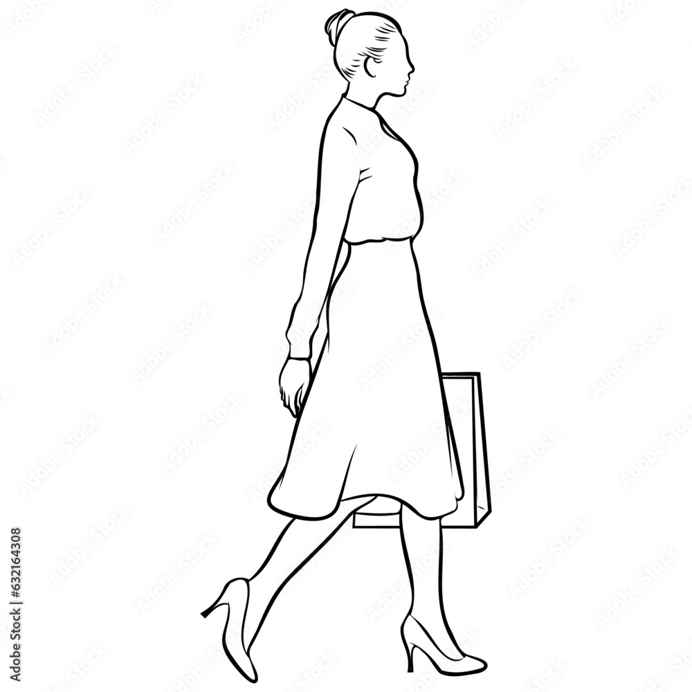 Woman Shopping Line Drawing.