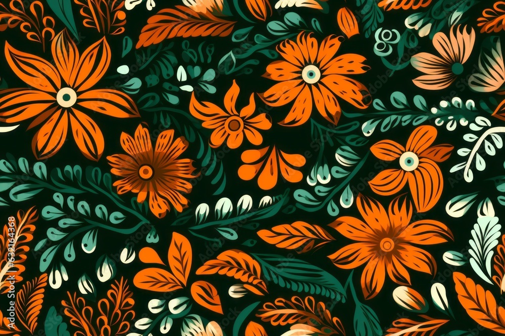Orange and green floral pattern, vector. Beautiful illustration picture. Generative AI Orange and green floral pattern, vector. Beautiful illustration picture. Generative AI