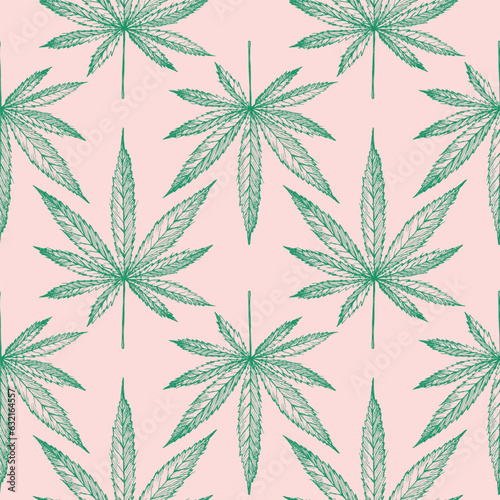 Hemp leaf Seamless pattern. Repeating background with cannabis plant, botanical motif for packaging, textile, print, template, card. Decorative ornament boho style hand drawn. Vector illustration