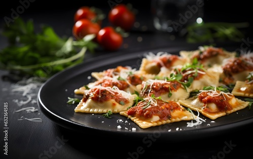 Italian ravioli pasta with cheese, meat on modern stone dark marble background, homemade, AI Generated