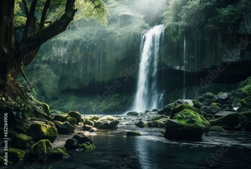 Panoramic beautiful deep forest waterfall, Generative AI