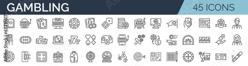 Set of 45 outline icons related to gambling, casino. Linear icon collection. Editable stroke. Vector illustration