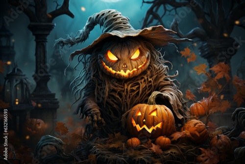 Murais de parede A digital illustration of a spooky Halloween jack o' lantern in a moonlit graveyard, surrounded by eerie trees and fog