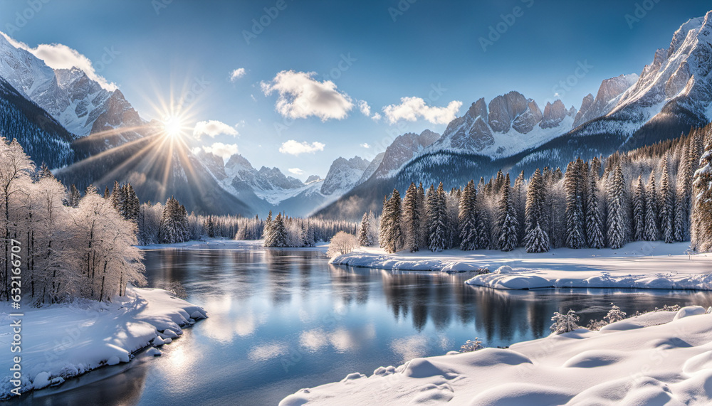 beautiful view of a winter landscape with white snow reflecting lake two trees on side and mountains in background at sunny day with clear sky, generative AI beautiful view of a winter landscape with white snow reflecting lake two trees on side and mountains in background at sunny day with clear sky, generative AI
