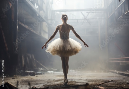 Balerina dancing in an empty industrial building. Paradoxal labor day conceptual background. Ai generated image photo
