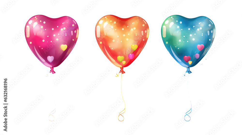 Set of Heart Shaped Balloons on white background, watercolor decorative elements, wedding, anniversary and birthday party compositions, Valentines day decoration, greeting cards, wishes