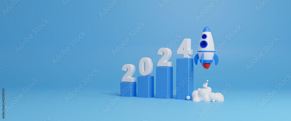 Growthing graph bar in 2024 with rocket rising moving up. Start up business development to success and growing growth concept. Abstract rocket launch and graph growing up. Success strategy.3d render Growthing graph bar in 2024 with rocket rising moving up. Start up business development to success and growing growth concept. Abstract rocket launch and graph growing up. Success strategy.3d render