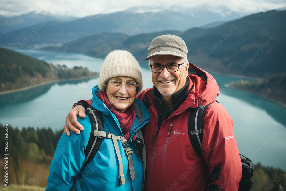 Generative ai elderly old married couple smiling happy trekking mountains in holiday vacation