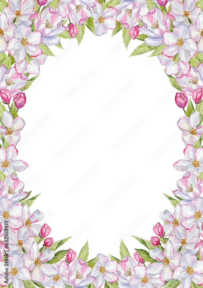 Watercolor frame with hand-painted apple tree flowers, and leaves on a transparent background. Pre-made frame for printing design.