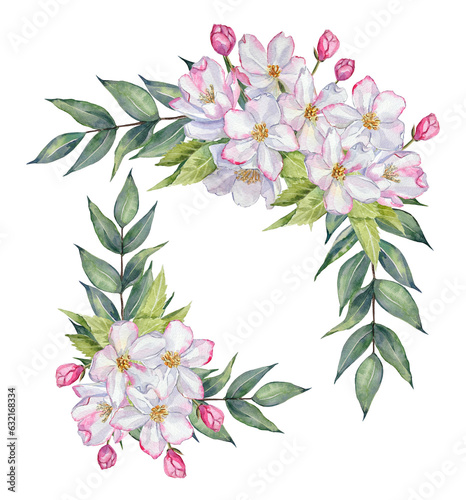 Watercolor compositions with hand-painted apple tree flowers, and leaf branches on a transparent background. Pre-made bouquets for printing design.