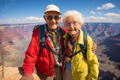 Generative ai elderly old married couple smiling happy trekking mountains in holiday vacation