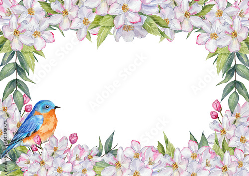 Watercolor frame with hand-painted elements of bluebirds, apple tree flowers and leaves on a transparent background. Pre-made frame for printing design.