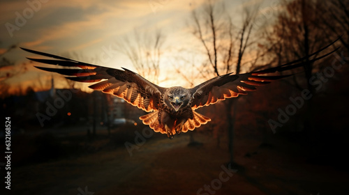 Hawk flying at sunset. Generative AI.
