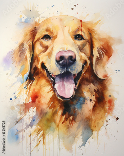 Abstract expressionist and watercolor digital painting of a golden retriever