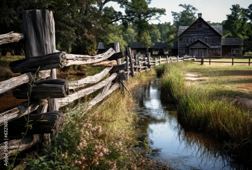 Historical watermill, wood fence on riverscape, small building on bridge, generative AI photo