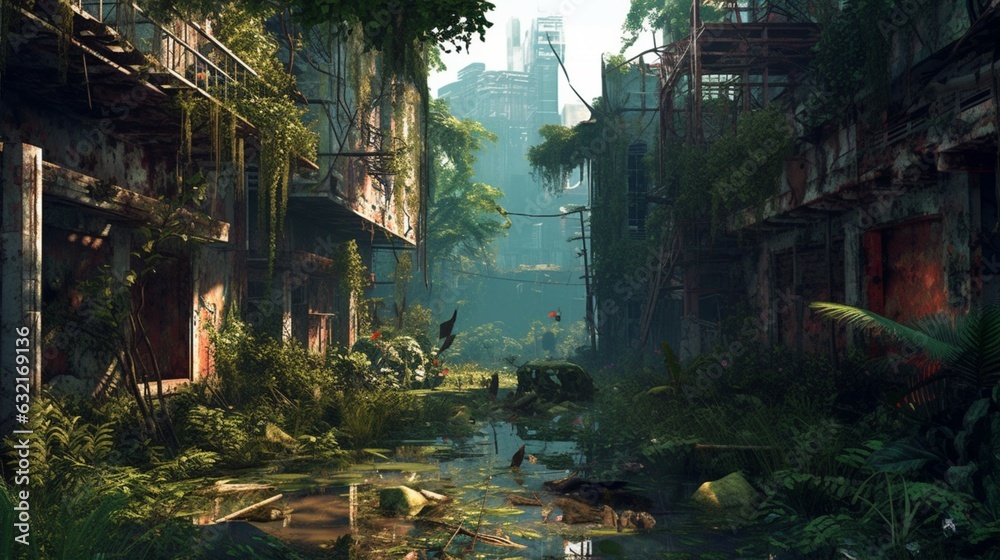 abandoned places overgrown with jungle post apocalypse.Generative AI