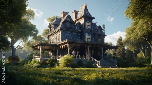 A Victorian mansion with a wrap around porch.Generative AI