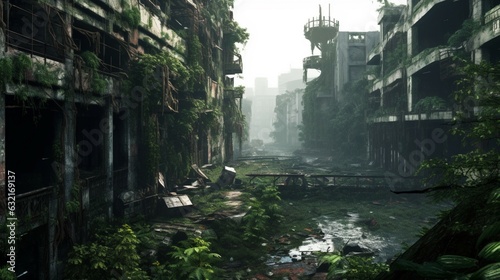 abandoned places overgrown with jungle post apocalypse.Generative AI