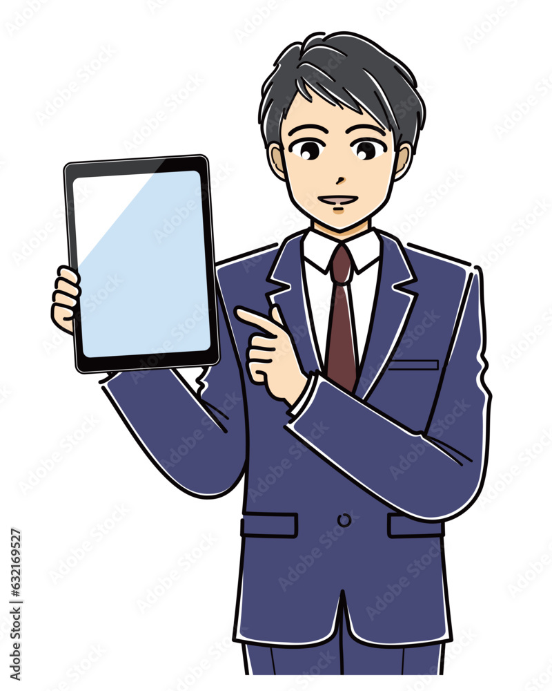 指差ししながらタブレットを見せるスーツの若い男性（上半身）